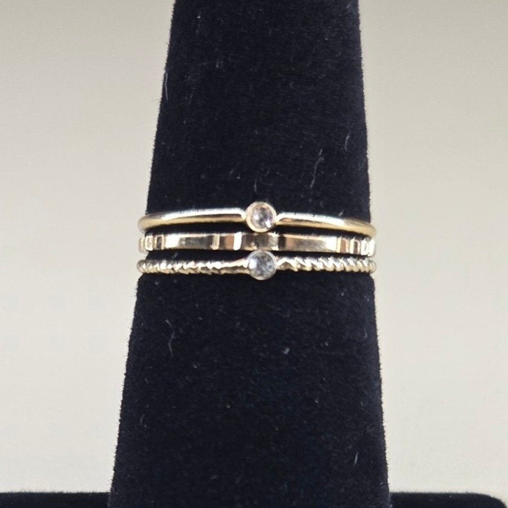 Gold Tone Stacking Ring Set 3 Piece Textured Bands Clear Stones Size 6.5 0381